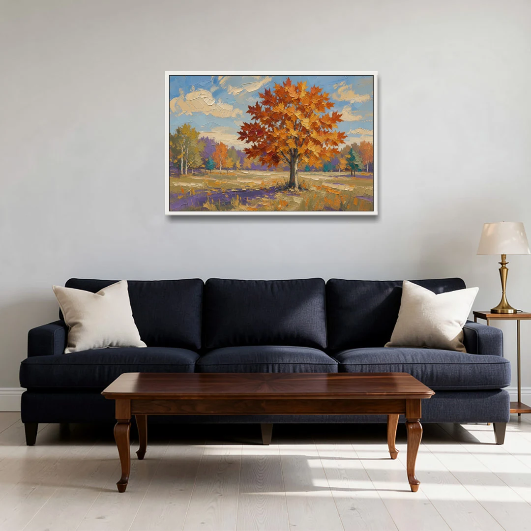 Fall Landscape Painting of a Blazing Maple - White Framed Canvas Wall Art - Sofa - 36x24