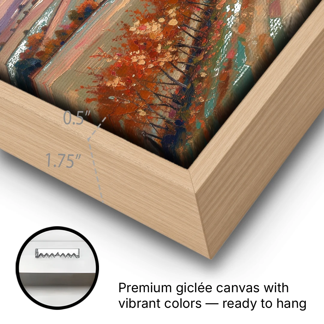 Fall Landscape Wall Art of the Maple Hedgerow - Oak Framed Canvas Wall Art - Gallery Wrap Corner