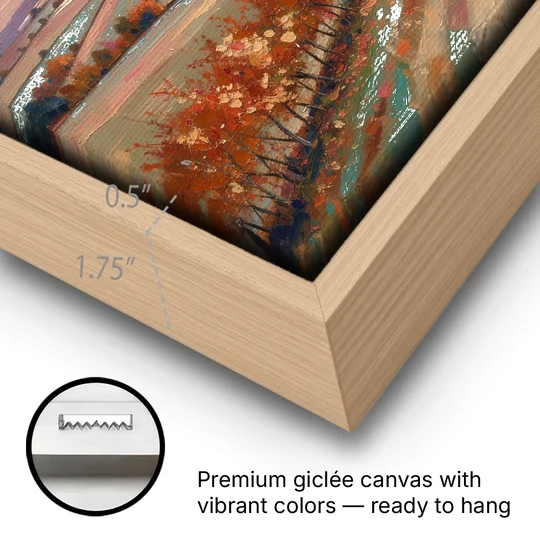 Fall Landscape Wall Art of the Maple Hedgerow - Oak Framed Canvas Wall Art - Gallery Wrap Corner
