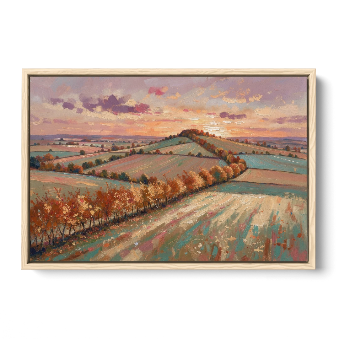Fall Landscape Wall Art of the Maple Hedgerow - Oak Framed Canvas Wall Art - Front