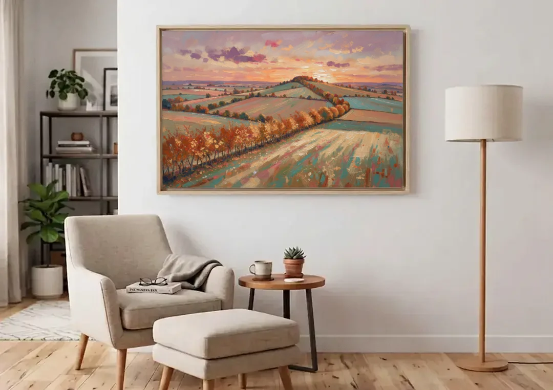 Fall Landscape Wall Art of the Maple Hedgerow canvas wall art above an armchair in a bright living room