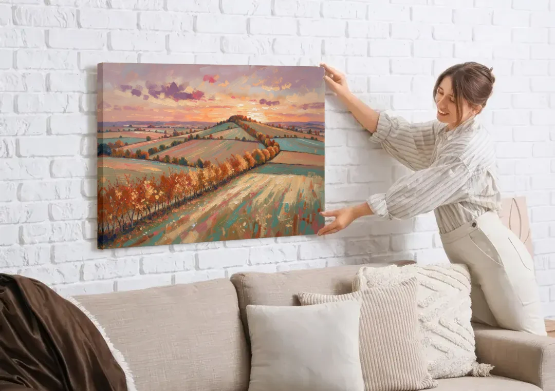 Fall Landscape Wall Art of the Maple Hedgerow canvas wall art being hung on a white brick wall above a sofa