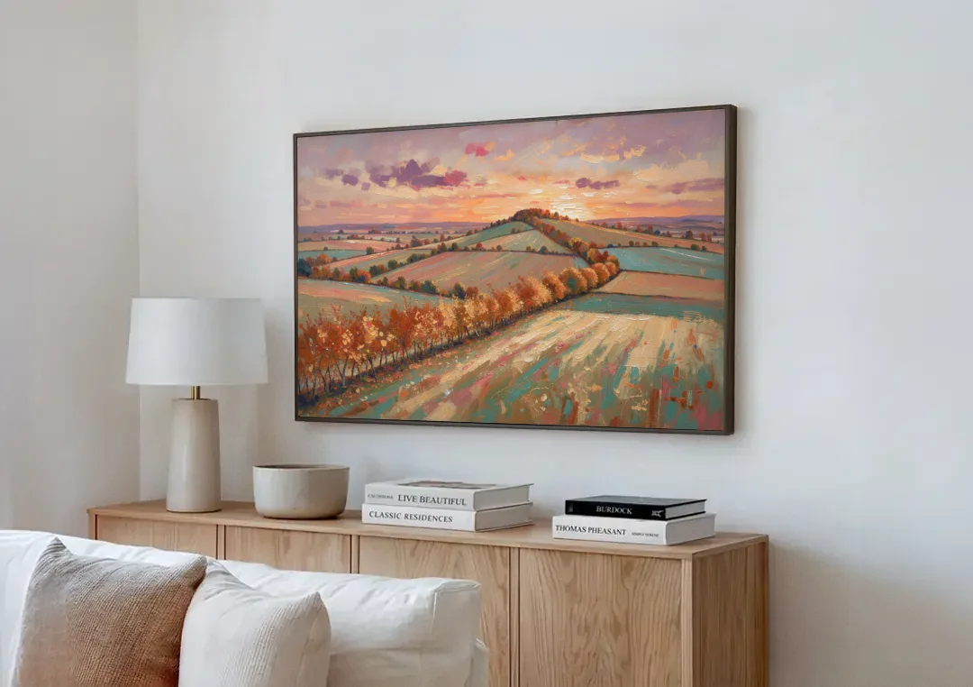 Fall Landscape Wall Art of the Maple Hedgerow canvas wall art above a wooden sideboard next to a sofa