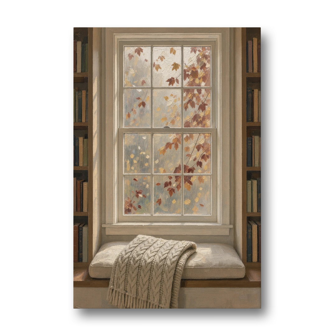 Fall Wall Art Window Seat with Wool Blanket - Canvas Wall Art - Front
