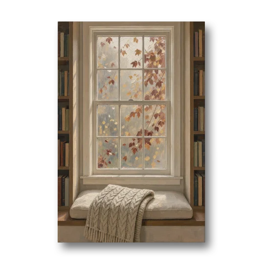 Fall Wall Art Window Seat with Wool Blanket - Canvas Wall Art - Front