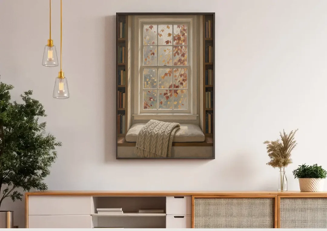 Fall Wall Art Window Seat with Wool Blanket canvas wall art above a wooden sideboard under pendant lights