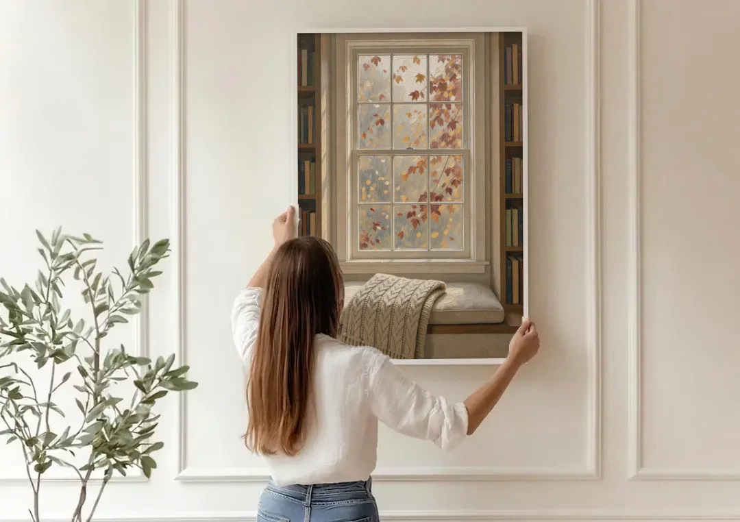 Fall Wall Art Window Seat with Wool Blanket canvas wall art being hung on a paneled wall