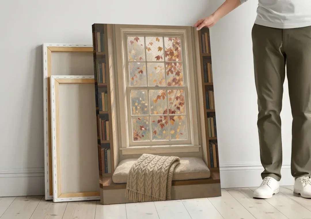 Fall Wall Art Window Seat with Wool Blanket canvas wall art leaning against a wall next to blank canvases