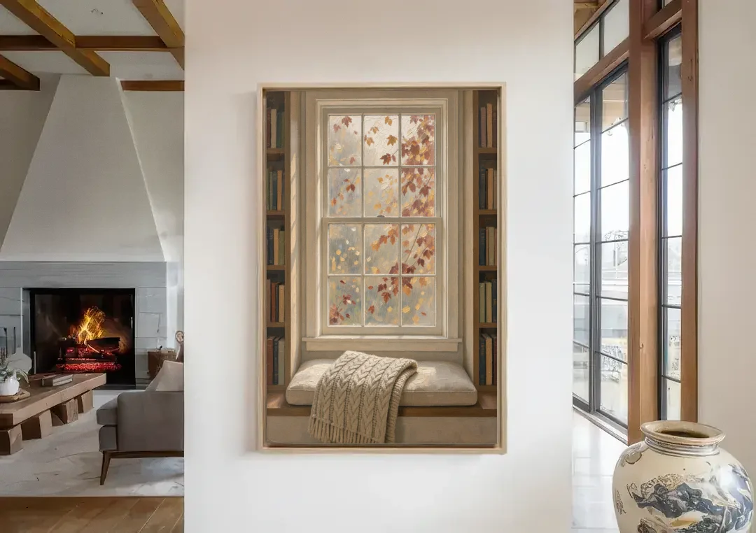 Fall Wall Art Window Seat with Wool Blanket canvas wall art in a living room with a fireplace