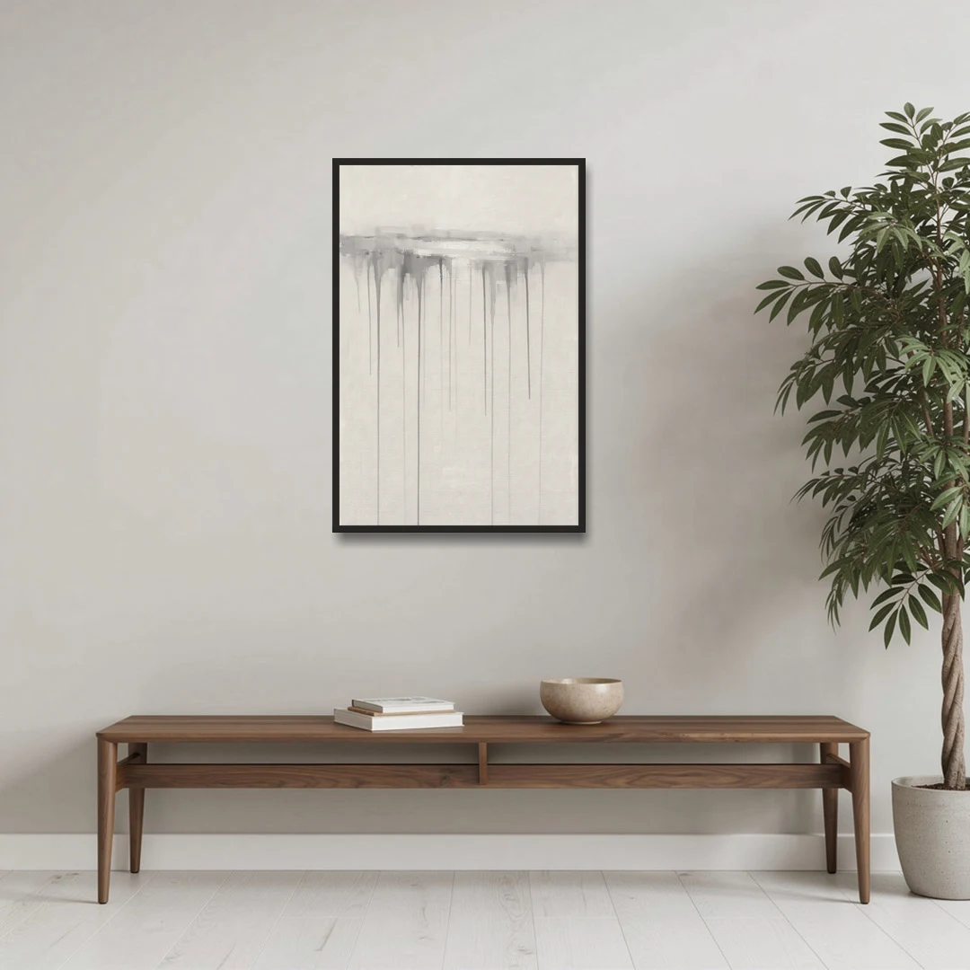 Falling Grey Rain Lines for the Dining Room - Black Framed Canvas Wall Art - Coffee Table - 24x36