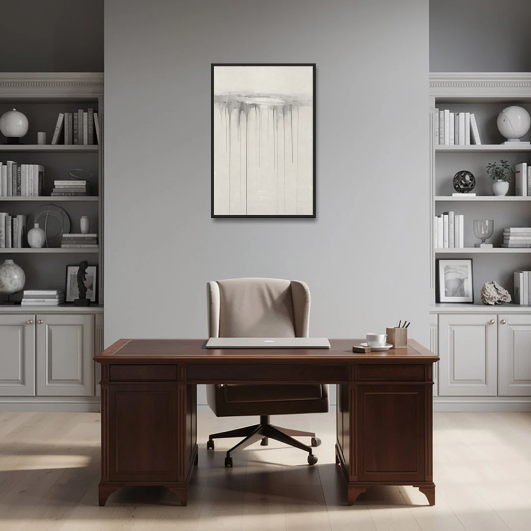 Falling Grey Rain Lines for the Dining Room - Black Framed Canvas Wall Art - Office - 24x36