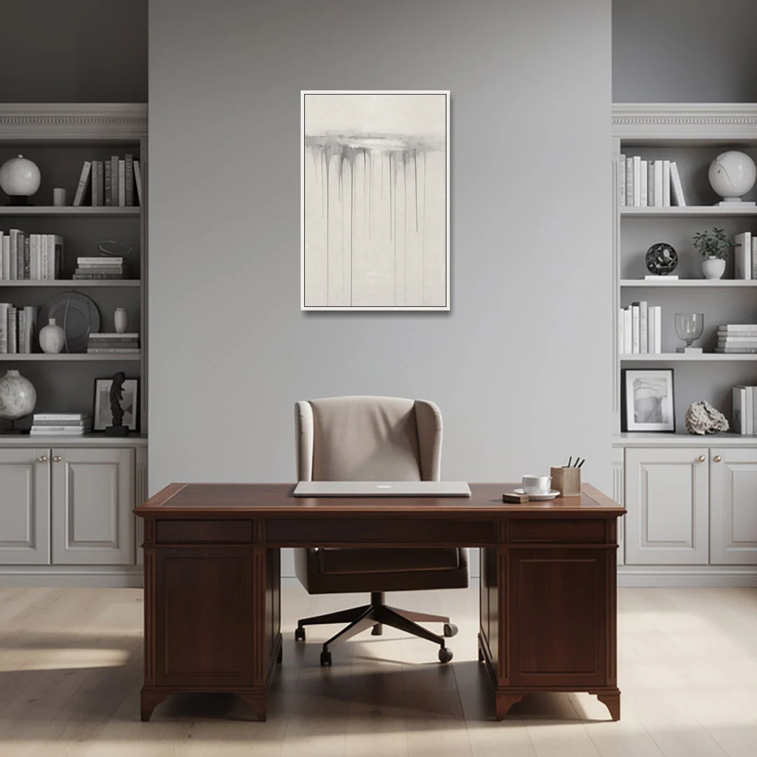 Falling Grey Rain Lines for the Dining Room - White Framed Canvas Wall Art - Office - 24x36
