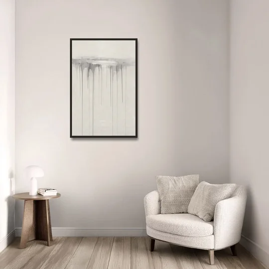 Falling Grey Rain Lines for the Dining Room - Black Framed Canvas Wall Art - Sofa - 24x36