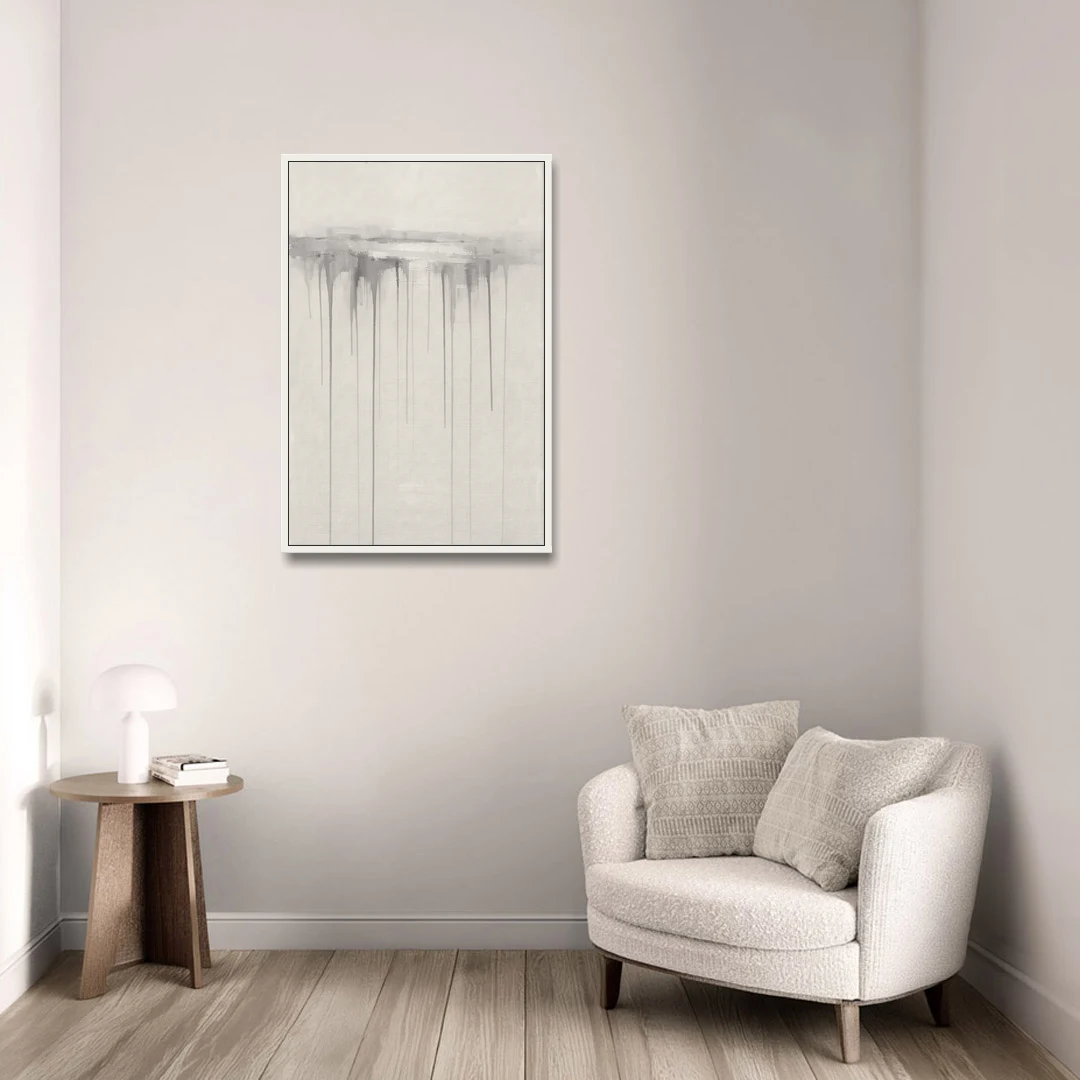 Falling Grey Rain Lines for the Dining Room - White Framed Canvas Wall Art - Sofa - 24x36