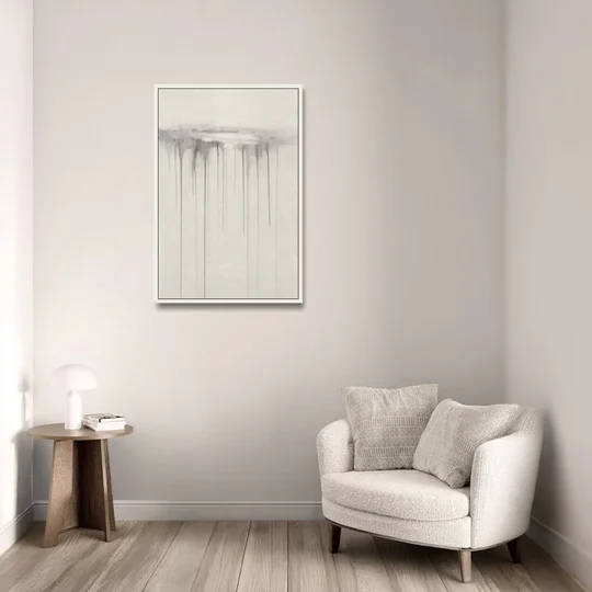 Falling Grey Rain Lines for the Dining Room - White Framed Canvas Wall Art - Sofa - 24x36