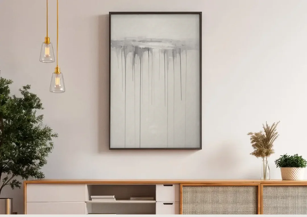Falling Grey Rain Lines for the Dining Room canvas wall art above a wooden sideboard under pendant lights