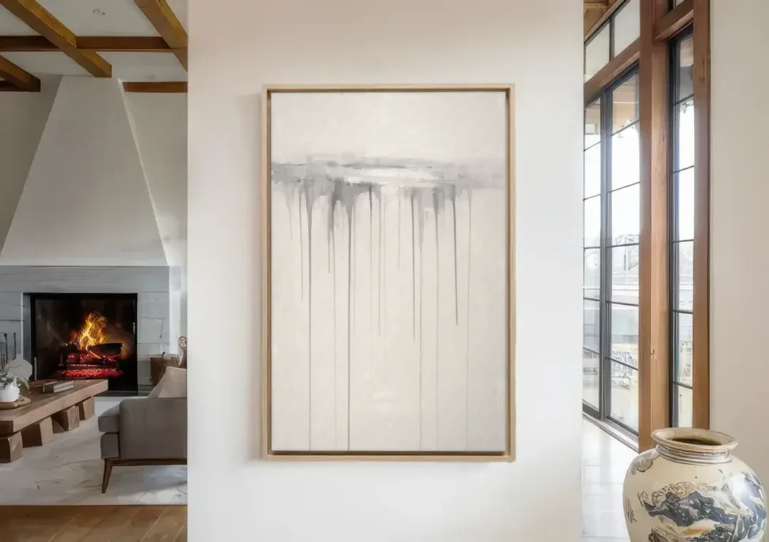 Falling Grey Rain Lines for the Dining Room canvas wall art in a living room with a fireplace