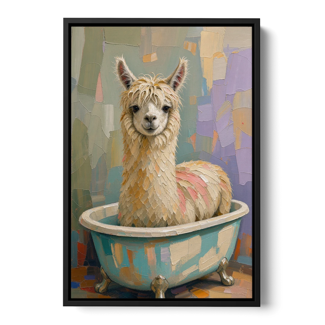 Farm Animal Bathroom Decor with a Soggy Alpaca - Black Framed Canvas Wall Art - Front