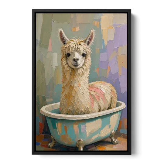 Farm Animal Bathroom Decor with a Soggy Alpaca - Black Framed Canvas Wall Art - Front