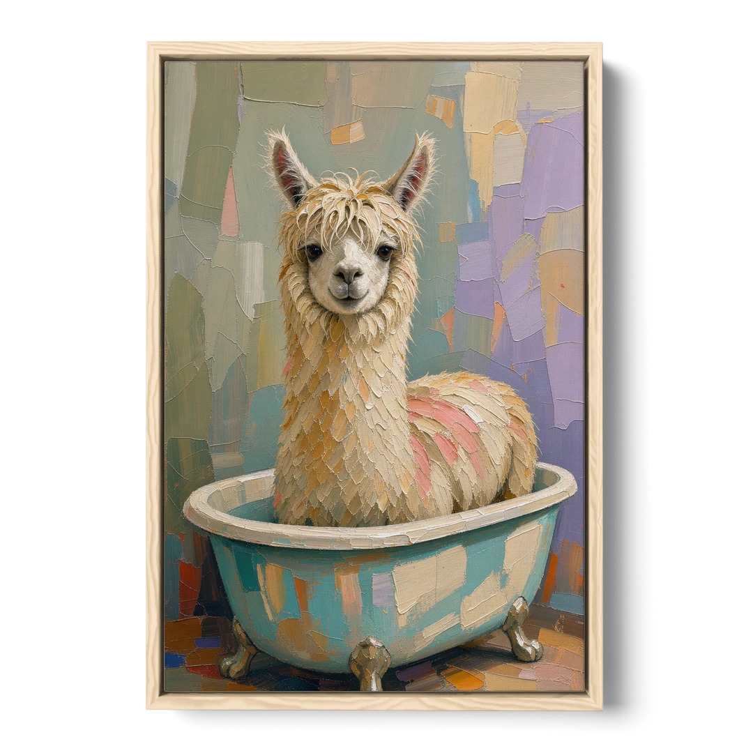 Farm Animal Bathroom Decor with a Soggy Alpaca - Oak Framed Canvas Wall Art - Front