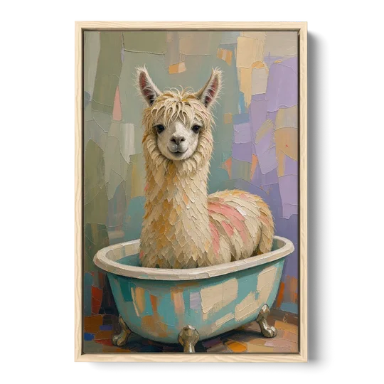 Farm Animal Bathroom Decor with a Soggy Alpaca - Oak Framed Canvas Wall Art - Front
