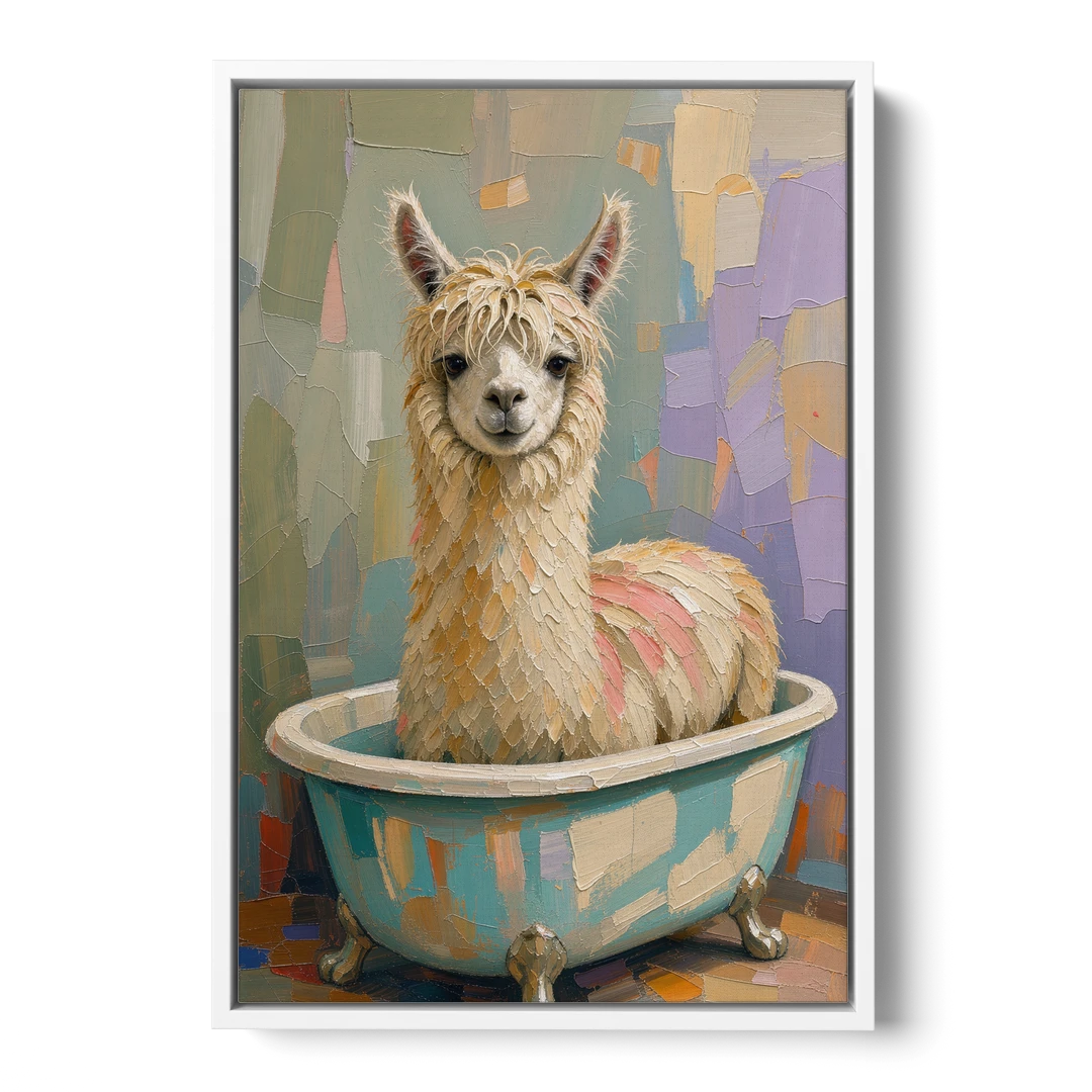 Farm Animal Bathroom Decor with a Soggy Alpaca - White Framed Canvas Wall Art - Front