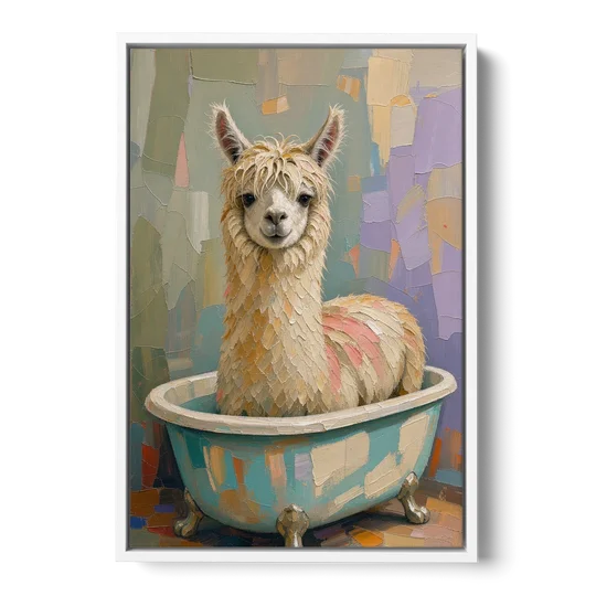Farm Animal Bathroom Decor with a Soggy Alpaca - White Framed Canvas Wall Art - Front