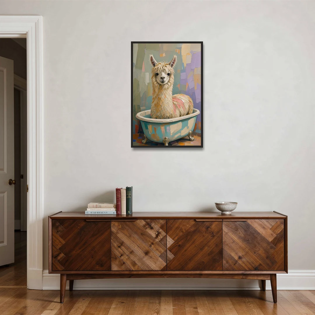 Farm Animal Bathroom Decor with a Soggy Alpaca - Black Framed Canvas Wall Art - Coffee Table - 24x36