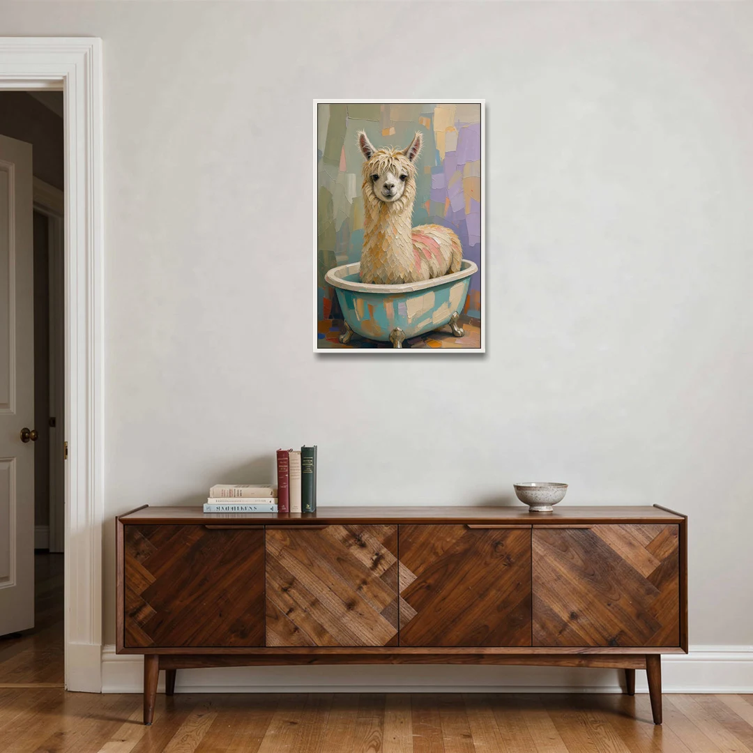 Farm Animal Bathroom Decor with a Soggy Alpaca - White Framed Canvas Wall Art - Coffee Table - 24x36