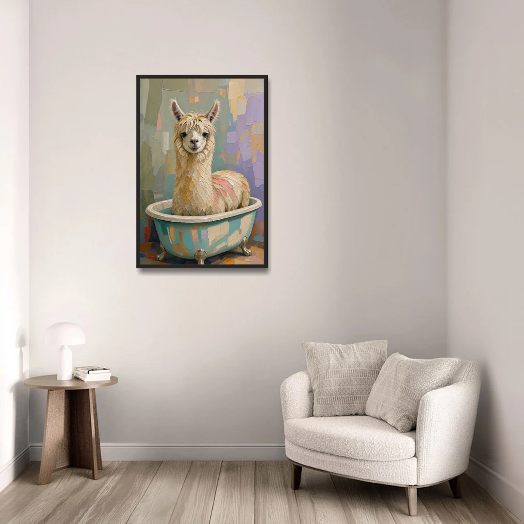 Farm Animal Bathroom Decor with a Soggy Alpaca - Black Framed Canvas Wall Art - Sofa - 24x36
