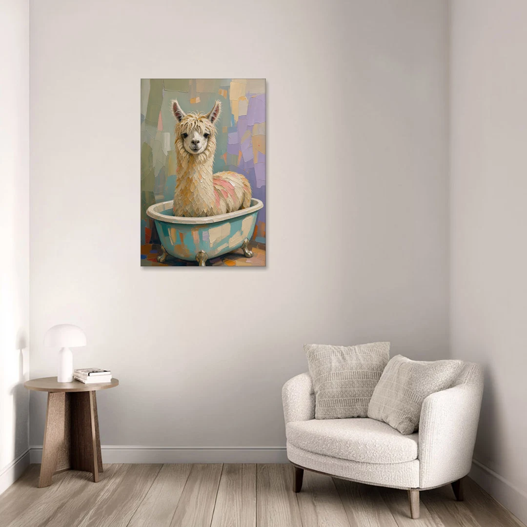 Farm Animal Bathroom Decor with a Soggy Alpaca - Canvas Wall Art - Sofa - 24x36