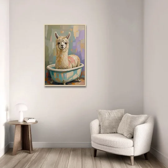 Farm Animal Bathroom Decor with a Soggy Alpaca - Oak Framed Canvas Wall Art - Sofa - 24x36