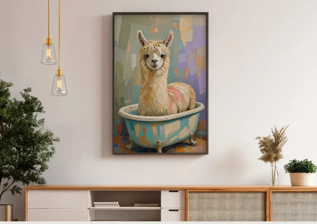 Farm Animal Bathroom Decor with a Soggy Alpaca canvas wall art above a wooden sideboard under pendant lights