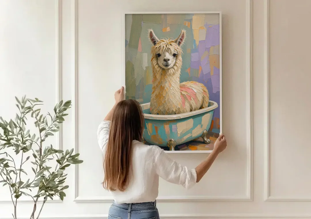 Farm Animal Bathroom Decor with a Soggy Alpaca canvas wall art being hung on a paneled wall