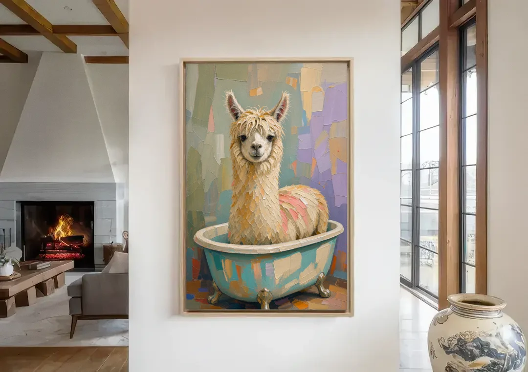 Farm Animal Bathroom Decor with a Soggy Alpaca canvas wall art in a living room with a fireplace