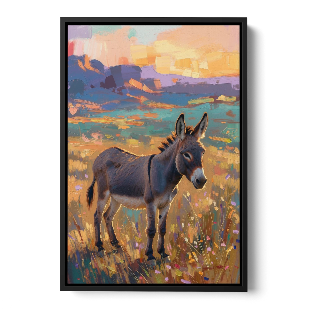 Farm Animal Paintings Grey Donkey at Sundown - Black Framed Canvas Wall Art - Front