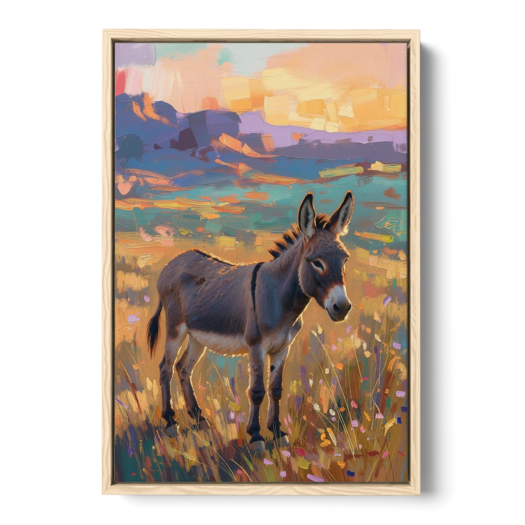 Farm Animal Paintings Grey Donkey at Sundown - Oak Framed Canvas Wall Art - Front
