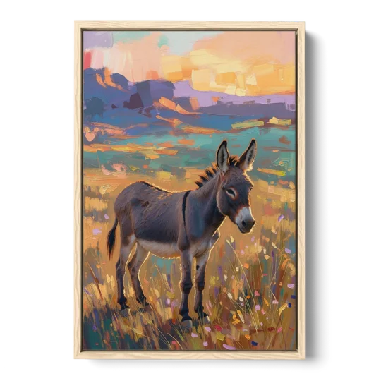 Farm Animal Paintings Grey Donkey at Sundown - Oak Framed Canvas Wall Art - Front