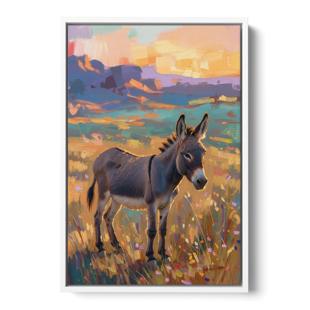 Farm Animal Paintings Grey Donkey at Sundown - White Framed Canvas Wall Art - Front