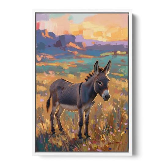 Farm Animal Paintings Grey Donkey at Sundown - White Framed Canvas Wall Art - Front