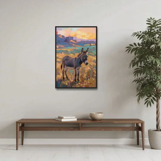 Farm Animal Paintings Grey Donkey at Sundown - Black Framed Canvas Wall Art - Coffee Table - 24x36