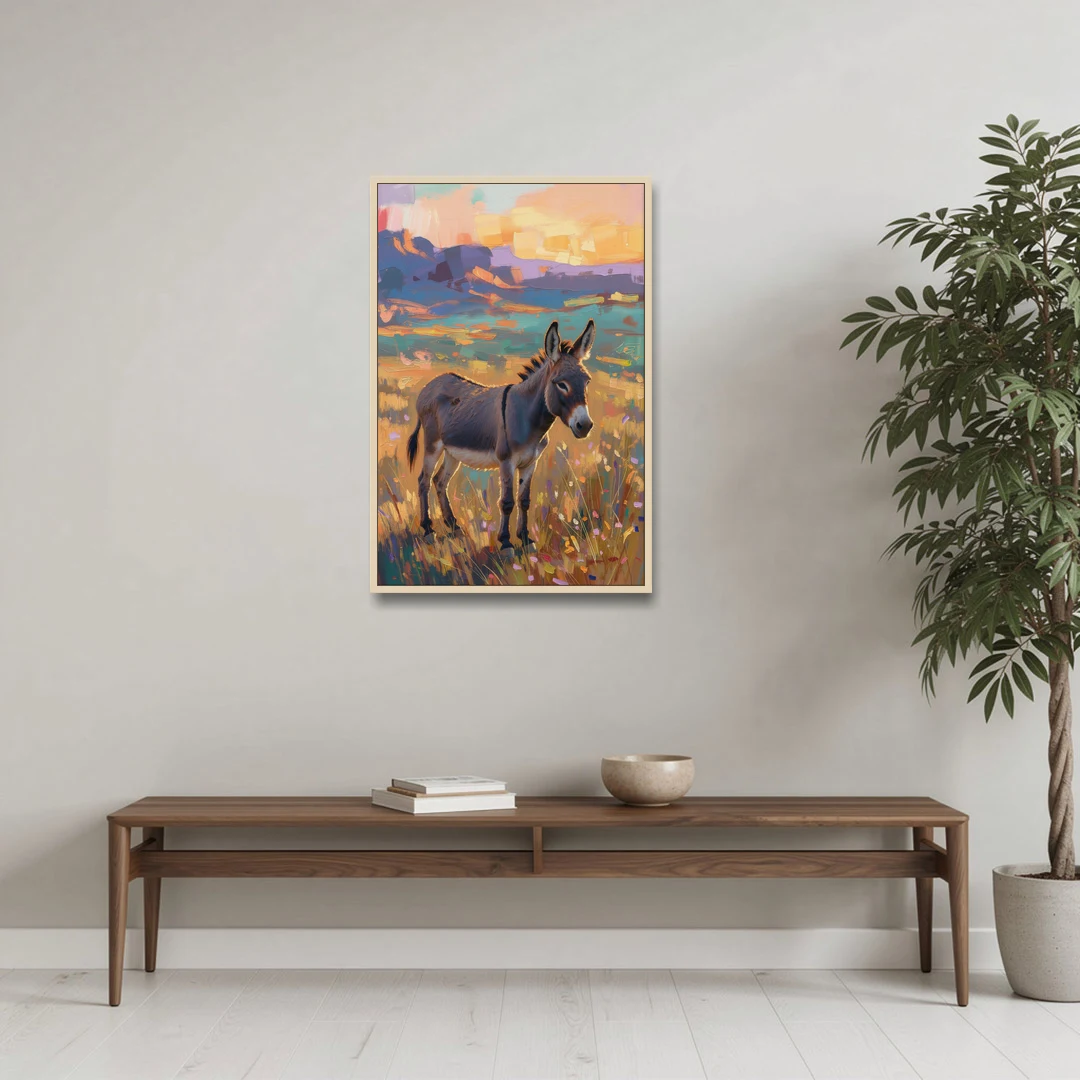 Farm Animal Paintings Grey Donkey at Sundown - Oak Framed Canvas Wall Art - Coffee Table - 24x36