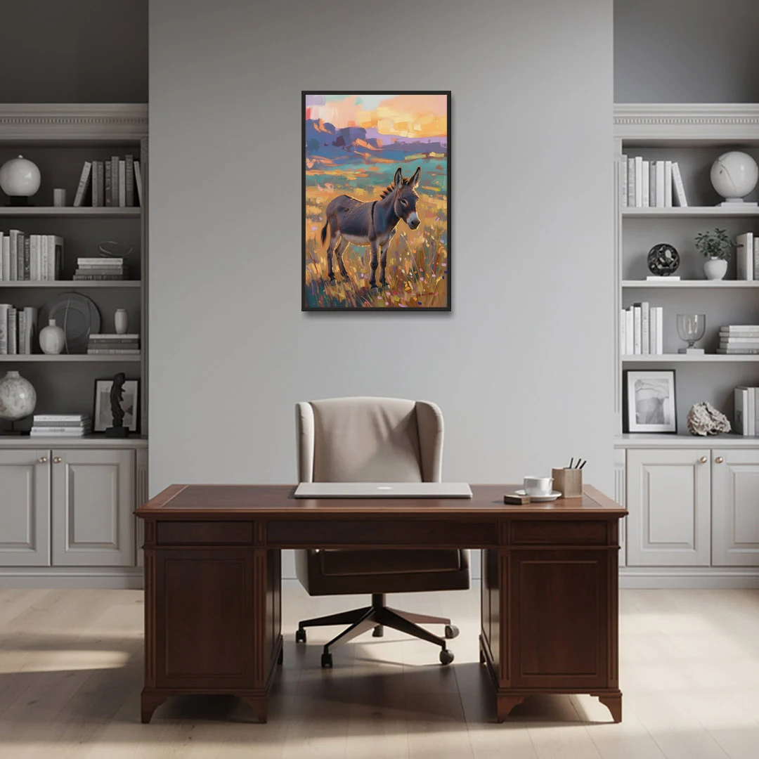 Farm Animal Paintings Grey Donkey at Sundown - Black Framed Canvas Wall Art - Office - 24x36
