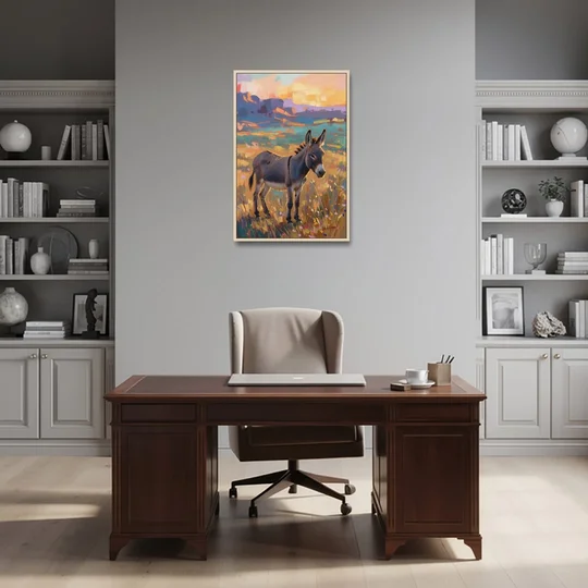 Farm Animal Paintings Grey Donkey at Sundown - Oak Framed Canvas Wall Art - Office - 24x36
