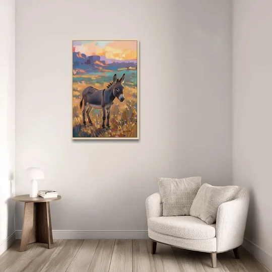 Farm Animal Paintings Grey Donkey at Sundown - Oak Framed Canvas Wall Art - Sofa - 24x36
