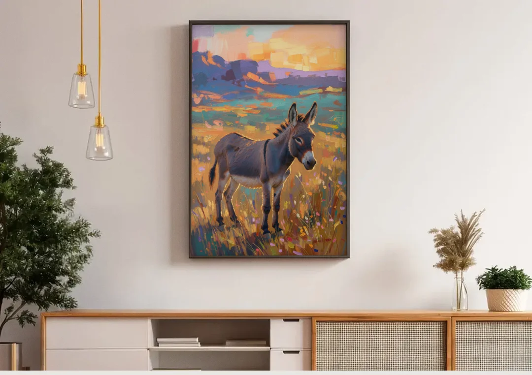 Farm Animal Paintings Grey Donkey at Sundown canvas wall art above a wooden sideboard under pendant lights