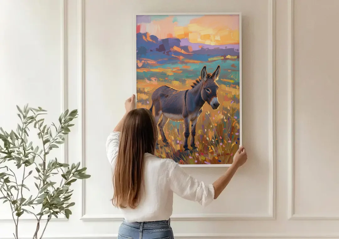 Farm Animal Paintings Grey Donkey at Sundown canvas wall art being hung on a paneled wall