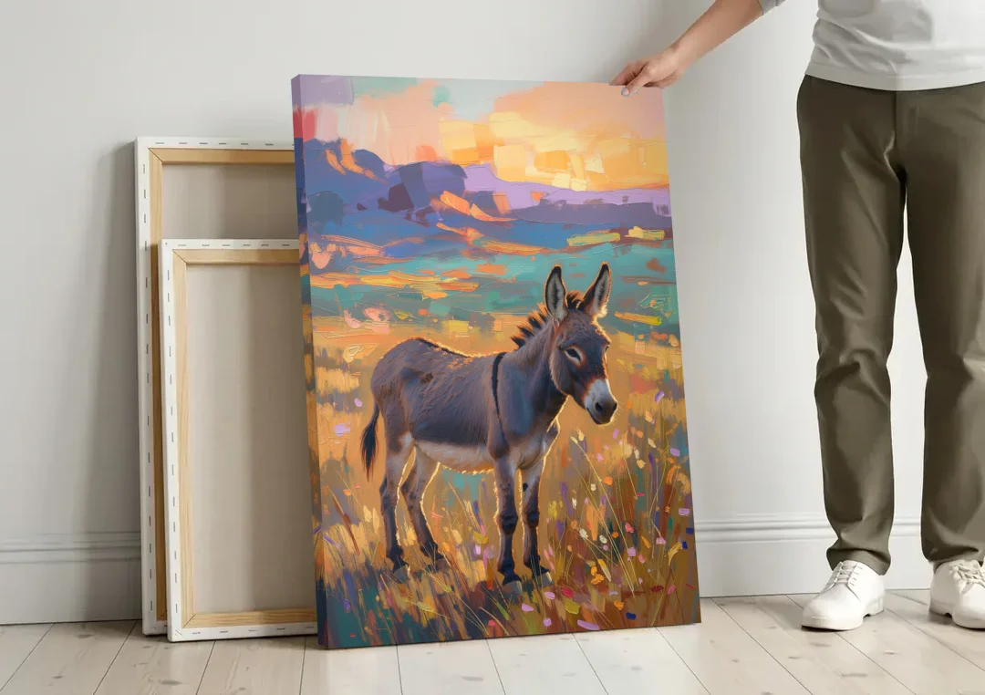 Farm Animal Paintings Grey Donkey at Sundown canvas wall art leaning against a wall next to blank canvases
