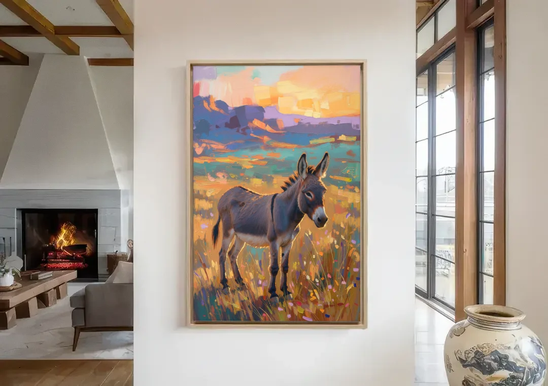 Farm Animal Paintings Grey Donkey at Sundown canvas wall art in a living room with a fireplace