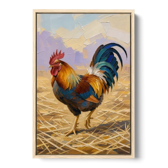 Farm Animal Wall Art of a Strutting Rooster - Oak Framed Canvas Wall Art - Front